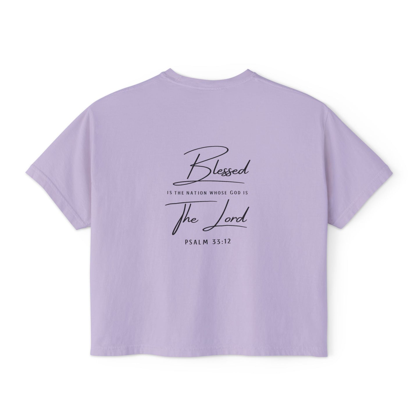 Blessed Tee — Women’s Boxy Christian T-Shirt with Flag Cross (Psalm 33:12)