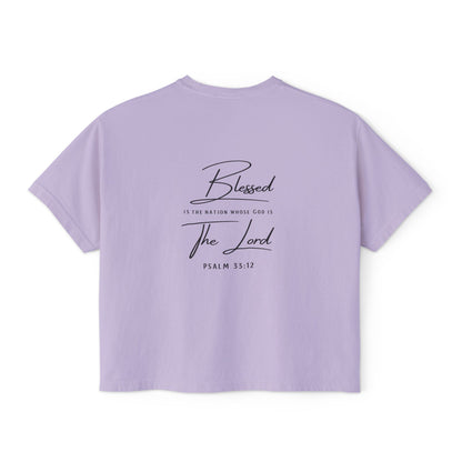 Blessed Tee — Women’s Boxy Christian T-Shirt with Flag Cross (Psalm 33:12)