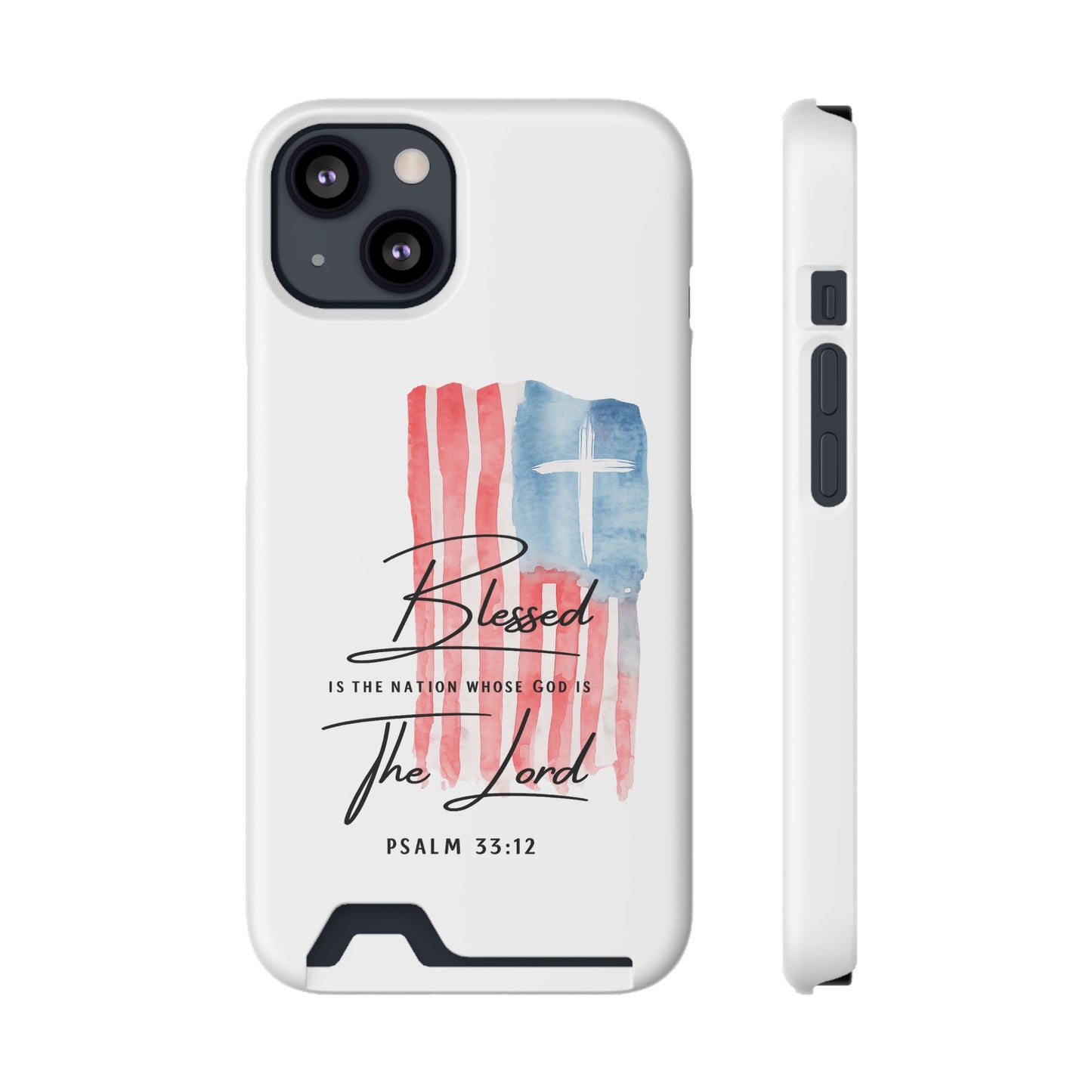 Christian Phone Case with Card Holder — "Blessed The Lord" Psalm 33:12 Patriotic Cross Design