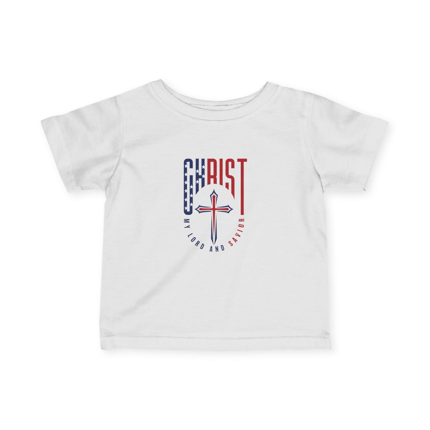 Infant Tee — "Christ Is Lord" Red & Blue Cross Baby Shirt