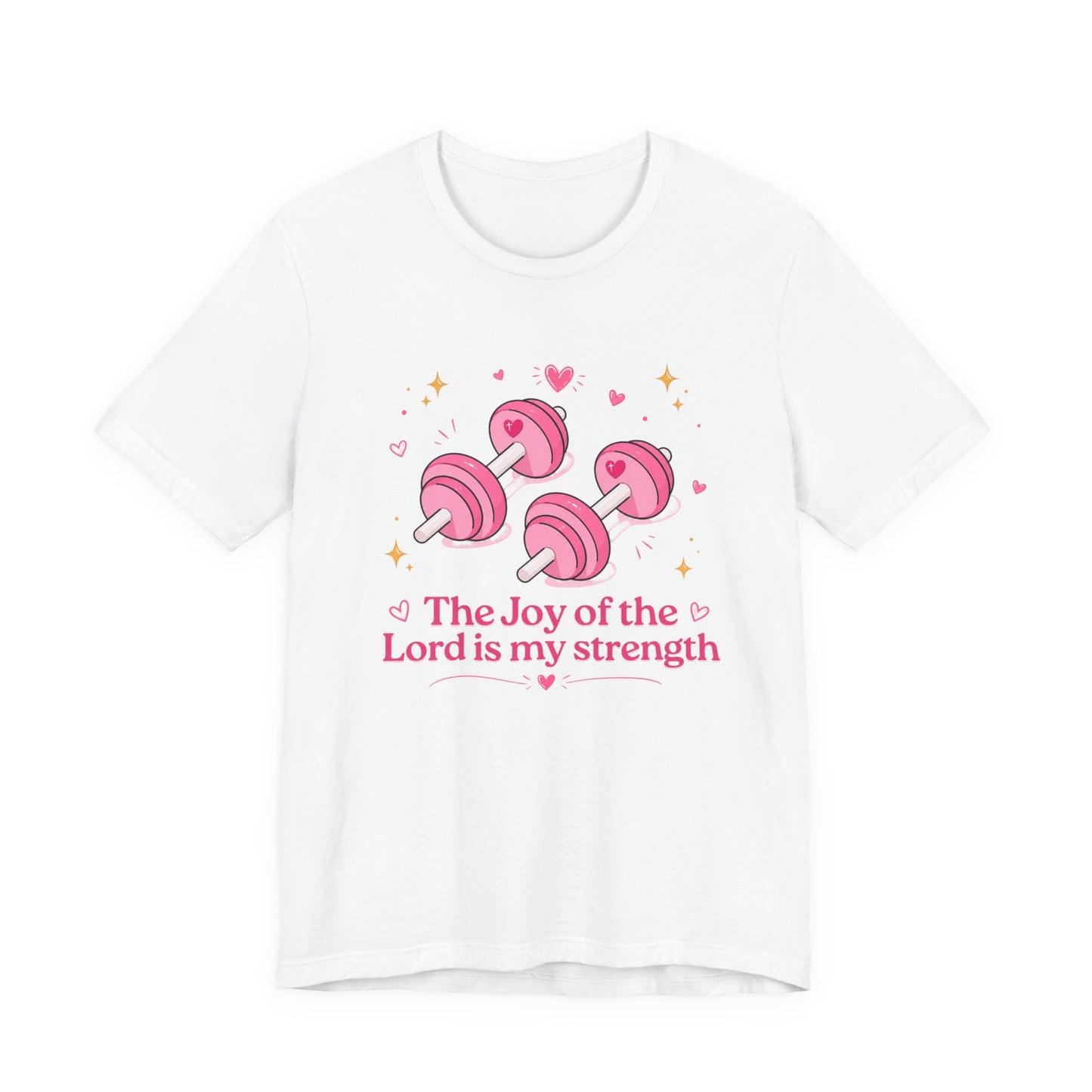 Christian Fitness T-Shirt — “The Joy of the Lord is My Strength” Pink Dumbbells Tee