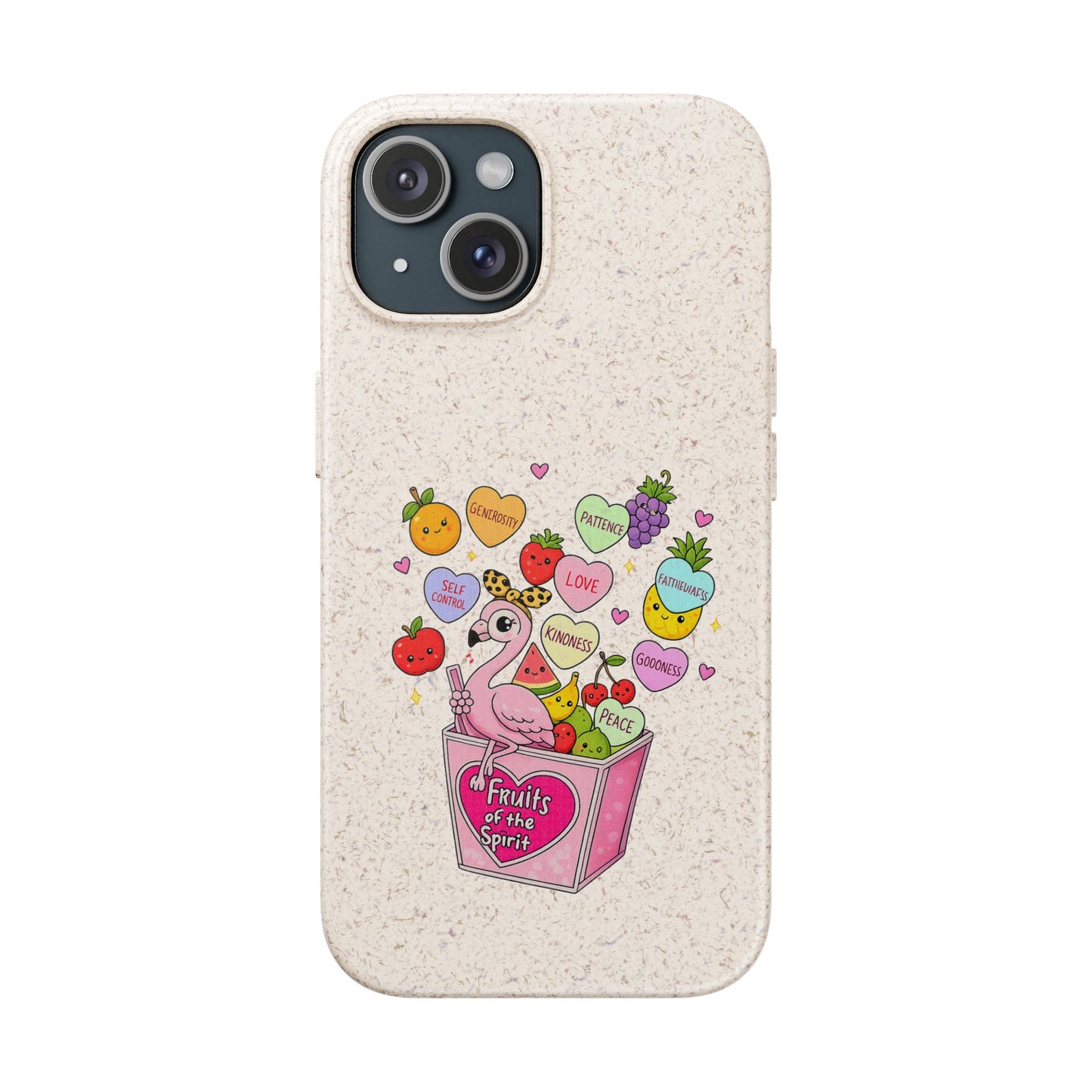 Biodegradable Phone Case — Cute Flamingo & Fruit Hearts "Fruity Love" Eco-Friendly iPhone Cover