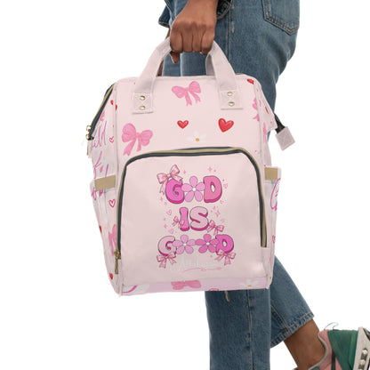 Pink Christian Diaper Backpack — "God Is Good" Baby Bag with Cross & Psalm 147:3 Design
