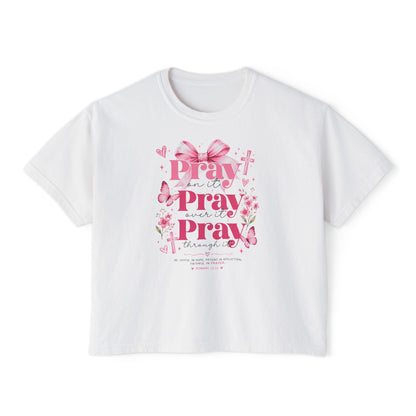 Pray Pray Pray Women's Boxy Tee — Pink Faith Floral Graphic