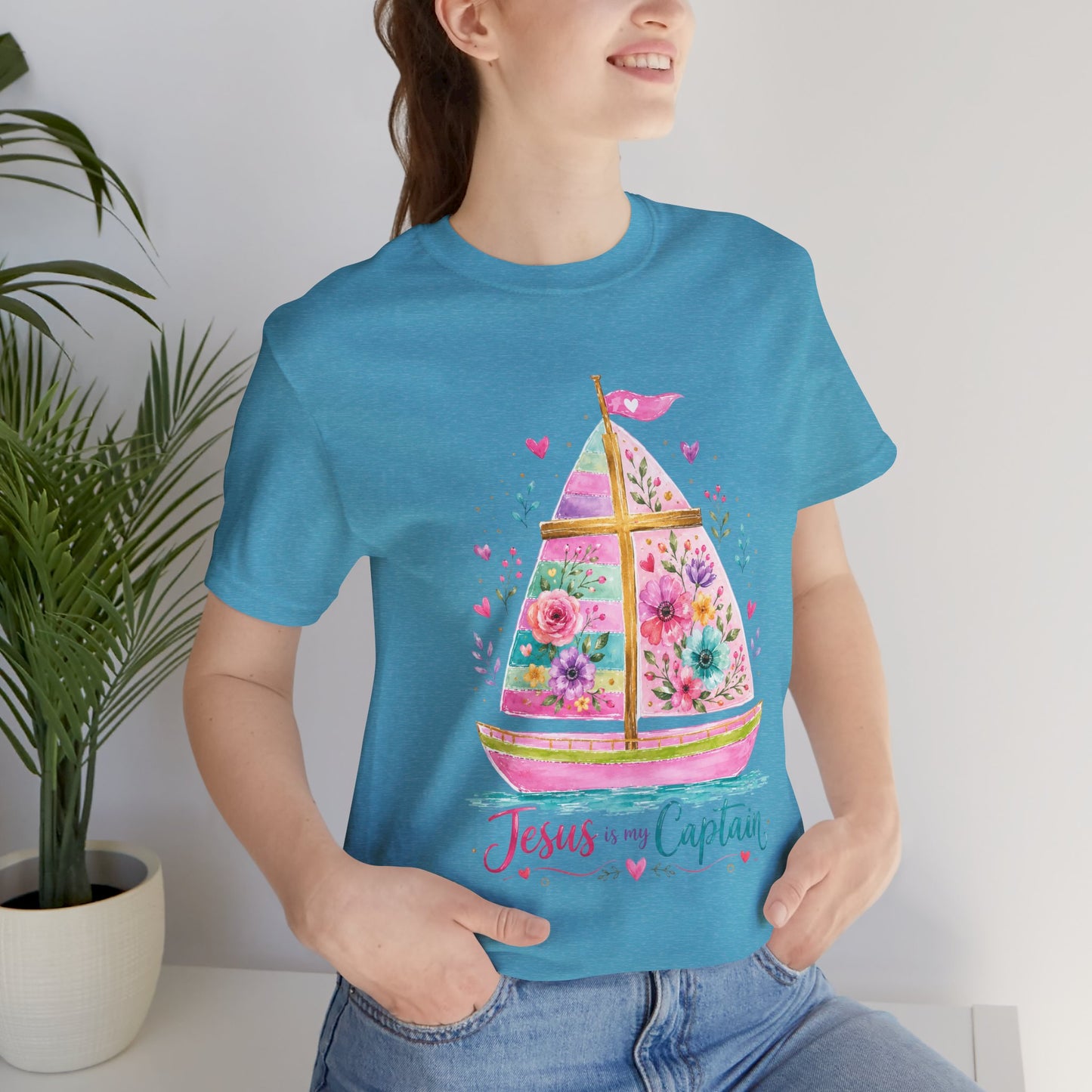 Jesus Is My Captain Floral Sailboat T-Shirt