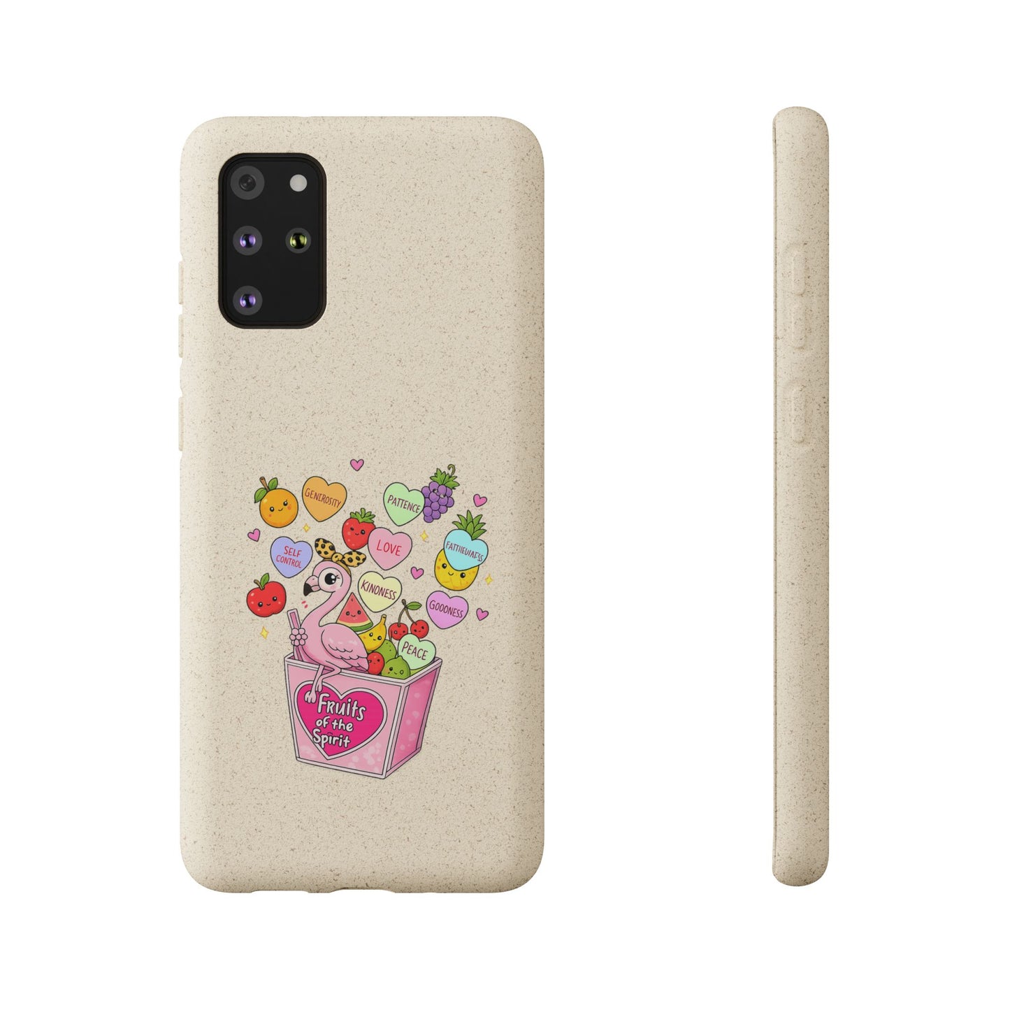 Biodegradable Phone Case — Cute Flamingo & Fruit Hearts "Fruity Love" Eco-Friendly iPhone Cover