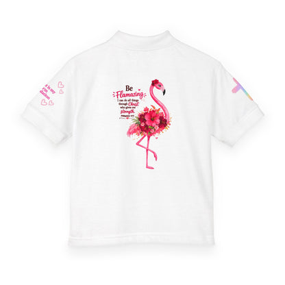 Youth Polo Shirt — Pink Floral Flamingo Kids' Polo (Hearts & Colorful Sleeves)