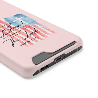 Blessed by the Lord Pink Phone Card Case — Psalm 33:12 Patriotic Christian Phone Case with Card Holder