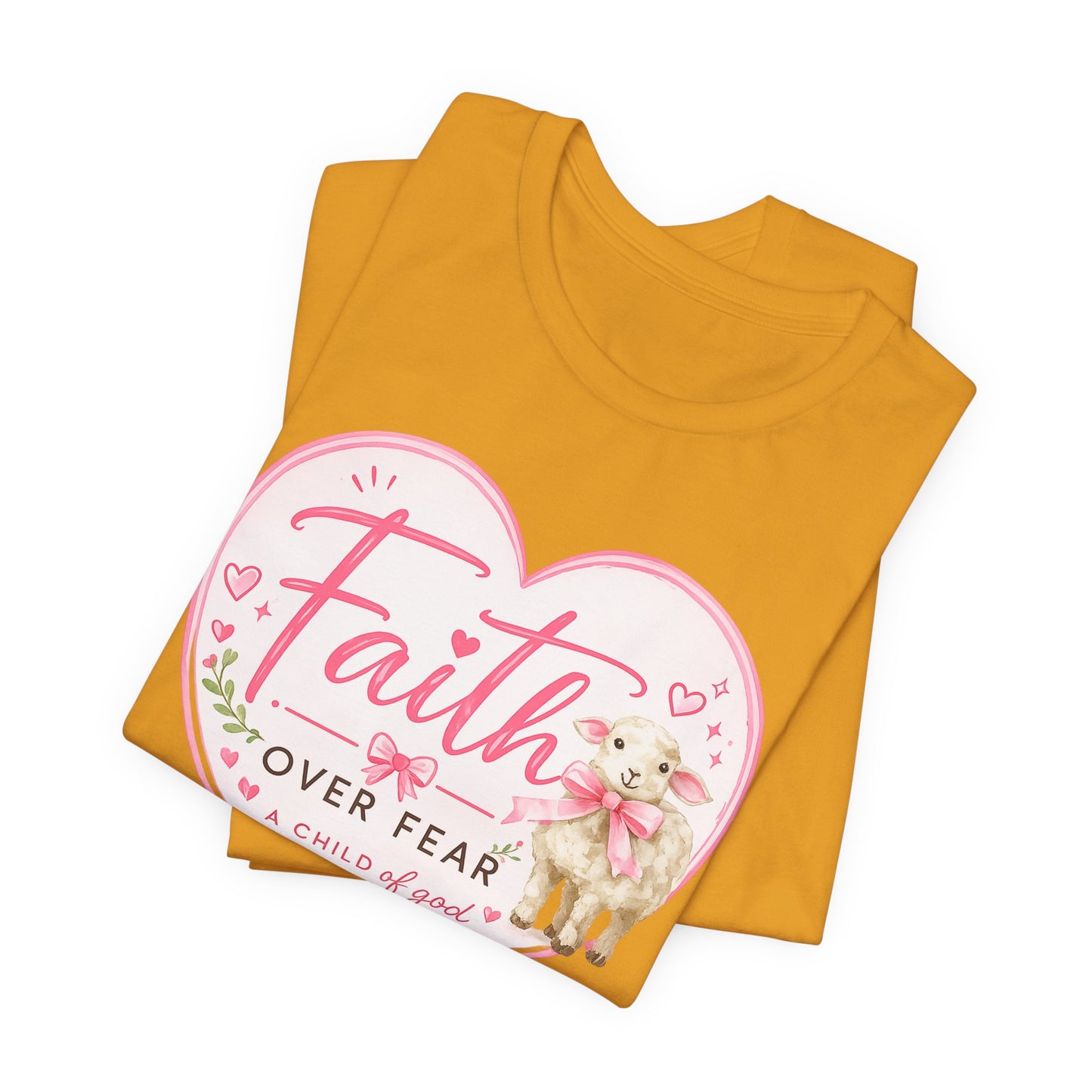 Faith Over Fear Heart T‑Shirt — Pink Floral Lamb Christian Tee