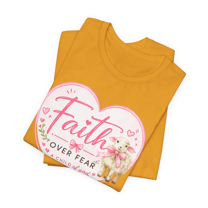 Faith Over Fear Heart T‑Shirt — Pink Floral Lamb Christian Tee