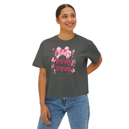 Pray Pray Pray Women's Boxy Tee — Pink Faith Floral Graphic