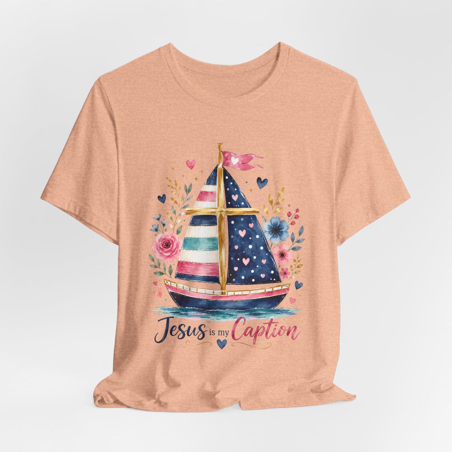 Jesus Is My Caption Sailboat T-Shirt — Floral Patriotic Christian Tee