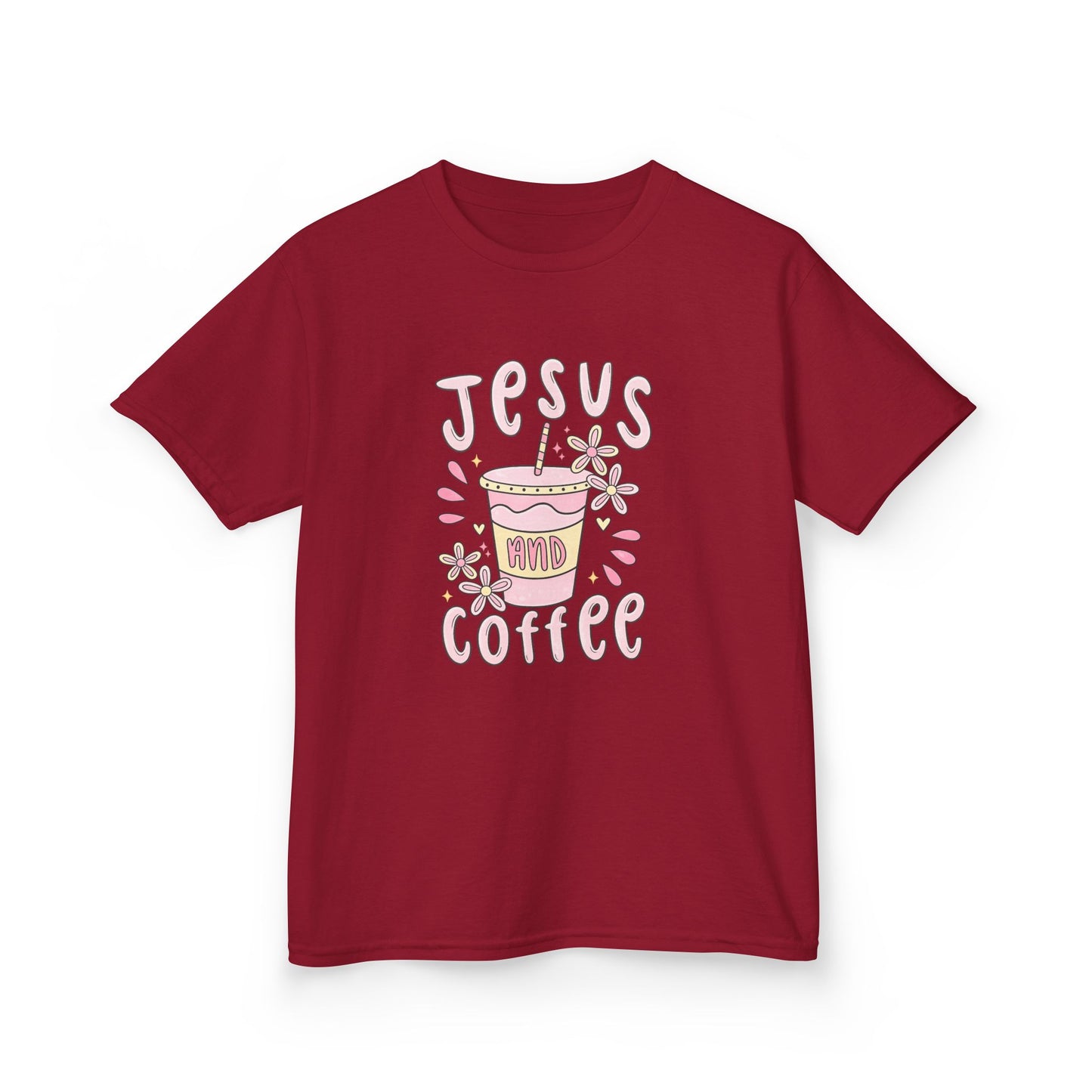 Kids Tee — “Jesus & Coffee” Cute Pastel Faith Graphic