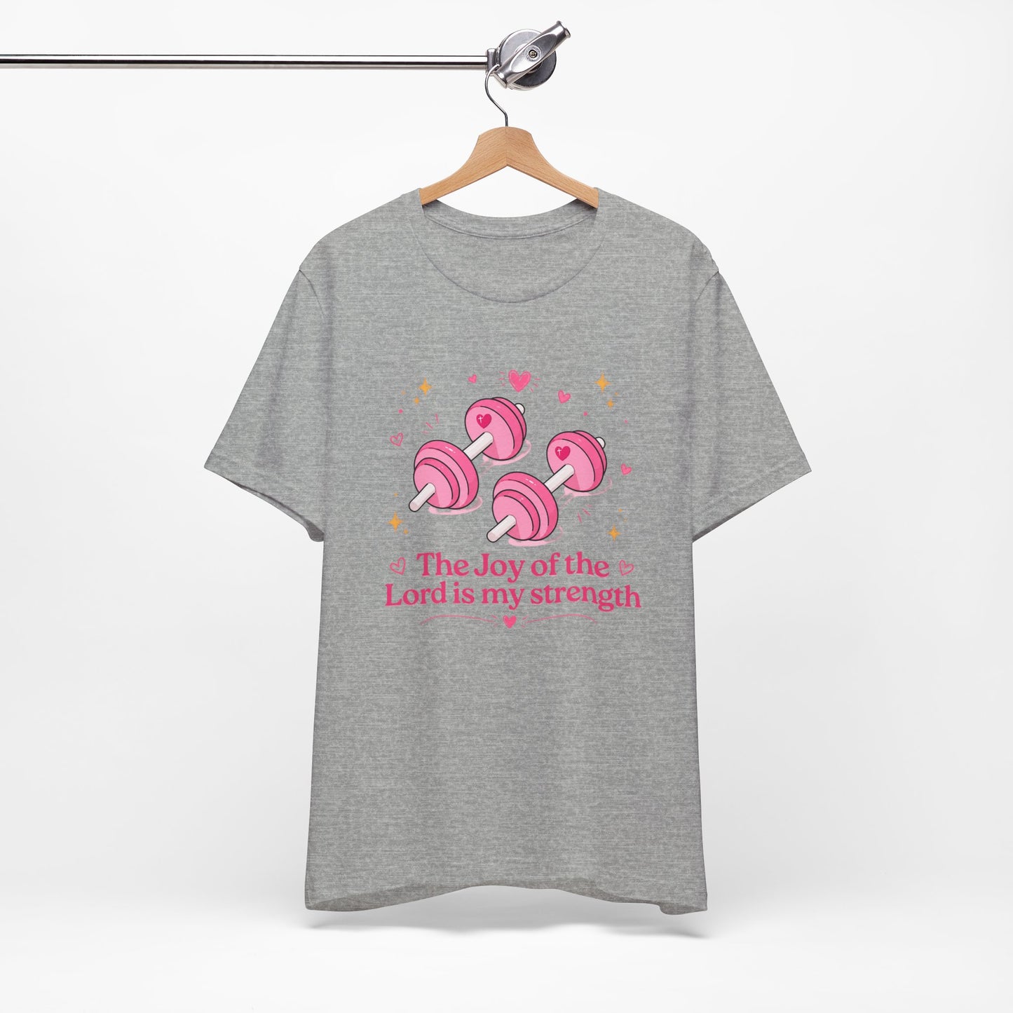 Christian Fitness T-Shirt — “The Joy of the Lord is My Strength” Pink Dumbbells Tee