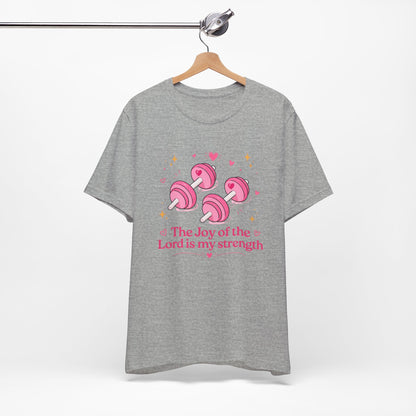 Christian Fitness T-Shirt — “The Joy of the Lord is My Strength” Pink Dumbbells Tee