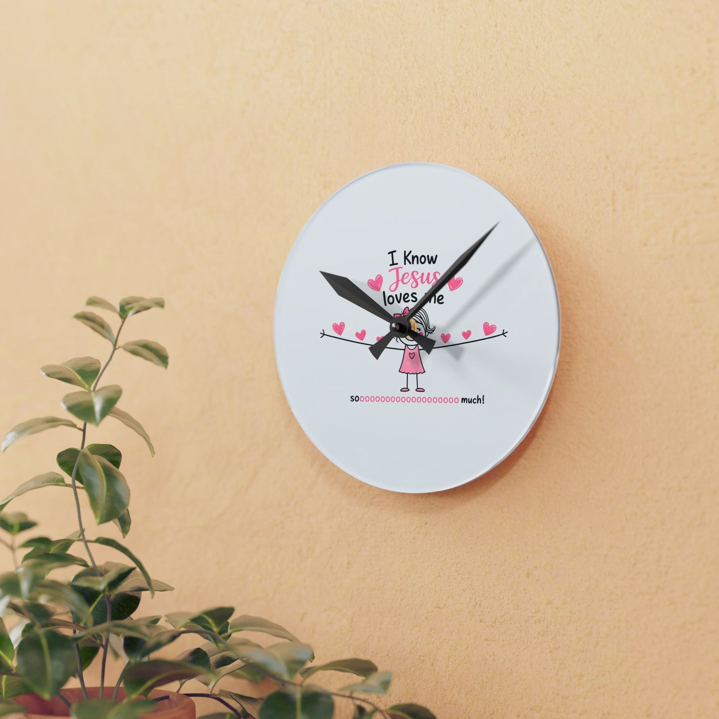 Acrylic Wall Clock — "I Know Jesus Loves Me" Cute Pink Faith Kids' Wall Clock