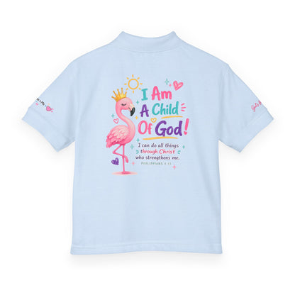 Youth Polo — "I Am A Child of God" Flamingo Christian Kids Shirt