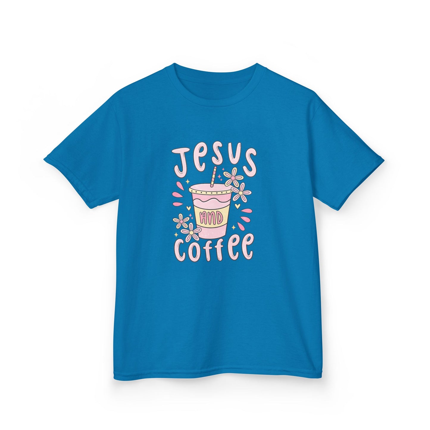 Kids Tee — “Jesus & Coffee” Cute Pastel Faith Graphic