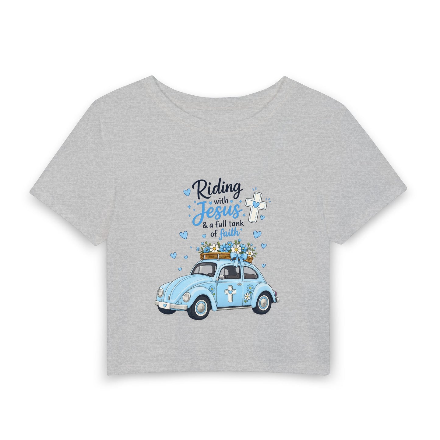 Women’s Crop Tee — "Riding with Jesus" Blue Vintage Car Faith Graphic