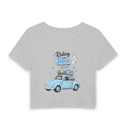 Women’s Crop Tee — "Riding with Jesus" Blue Vintage Car Faith Graphic
