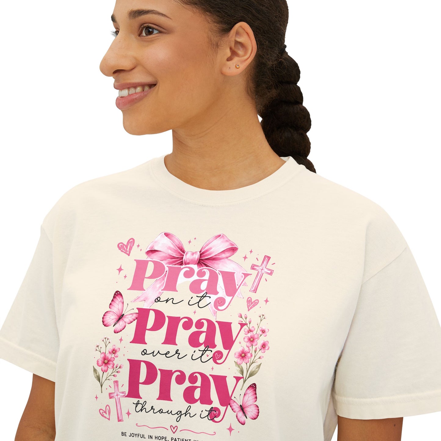 Pray Pray Pray Women's Boxy Tee — Pink Faith Floral Graphic