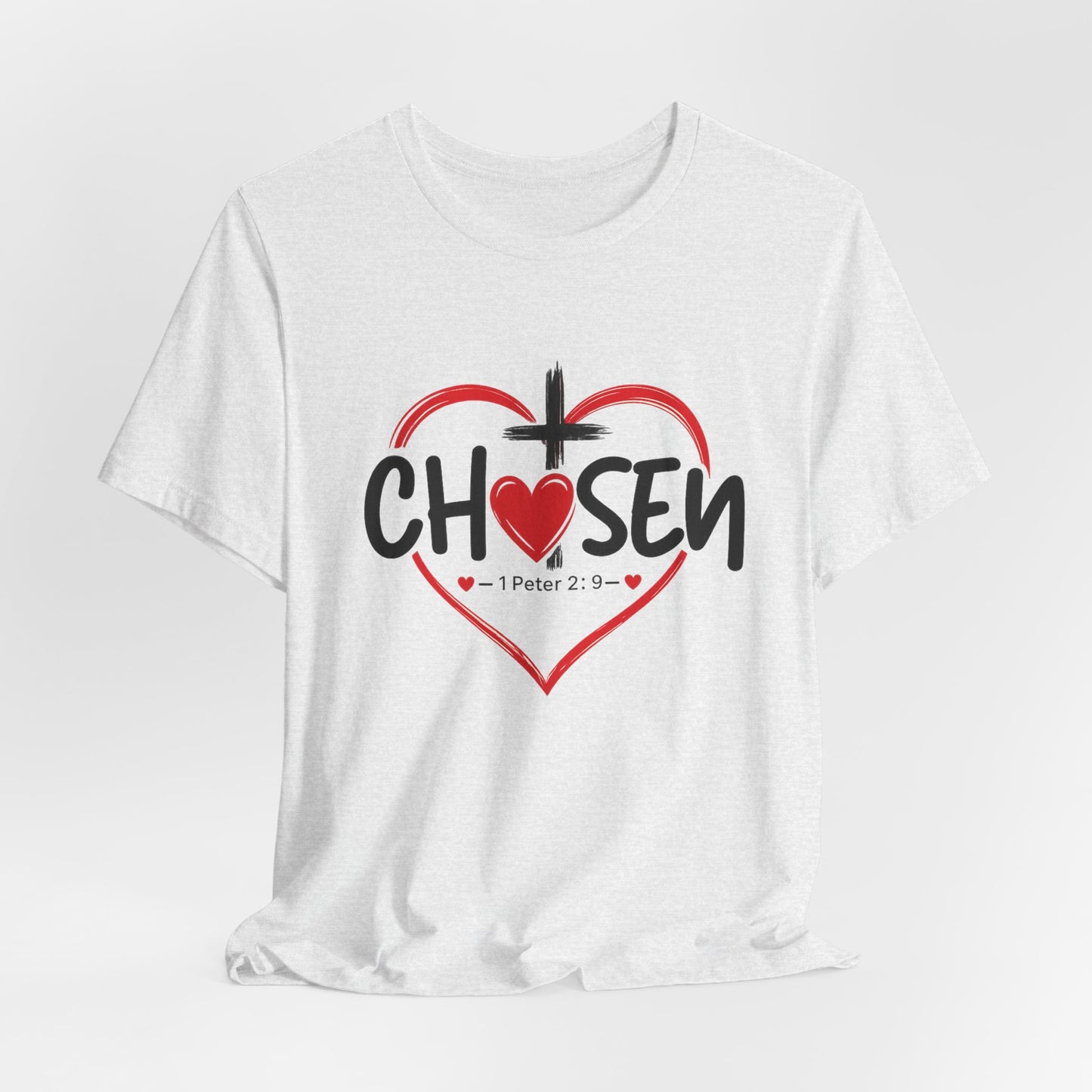 Chosen Heart Christian T-Shirt — "Chosen" with Cross & 1 Peter 2:9 Faith Tee