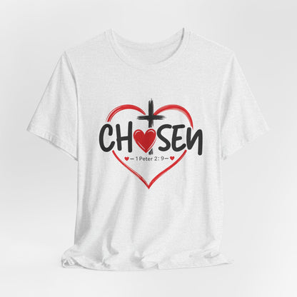 Chosen Heart Christian T-Shirt — "Chosen" with Cross & 1 Peter 2:9 Faith Tee
