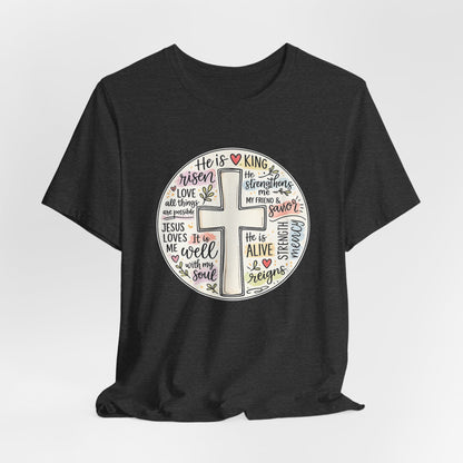 Christian Cross Faith T-Shirt — He Is Risen Inspirational Graphic Tee