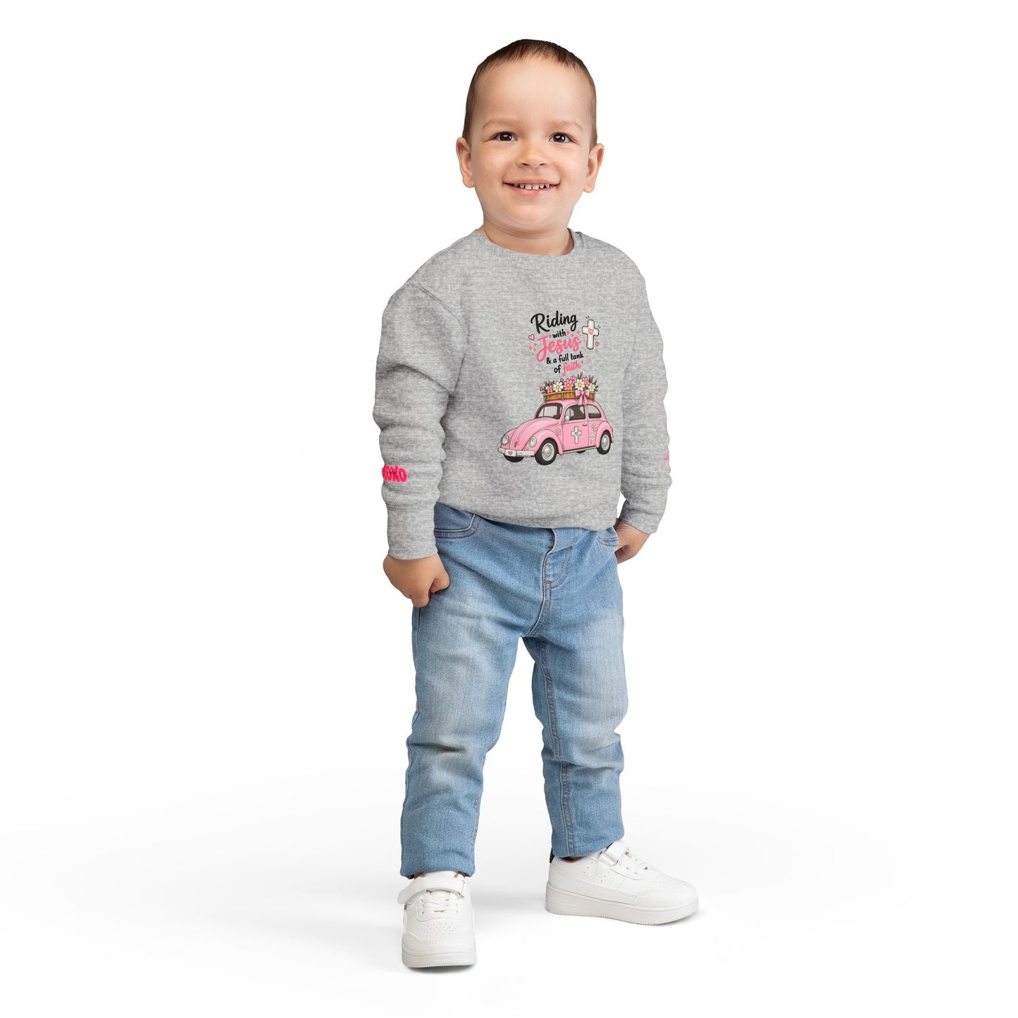 Toddler Sweatshirt - "Riding with Jesus" Pink Beetle Faith Kids Pullover