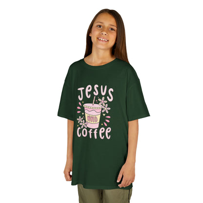 Kids Tee — “Jesus & Coffee” Cute Pastel Faith Graphic