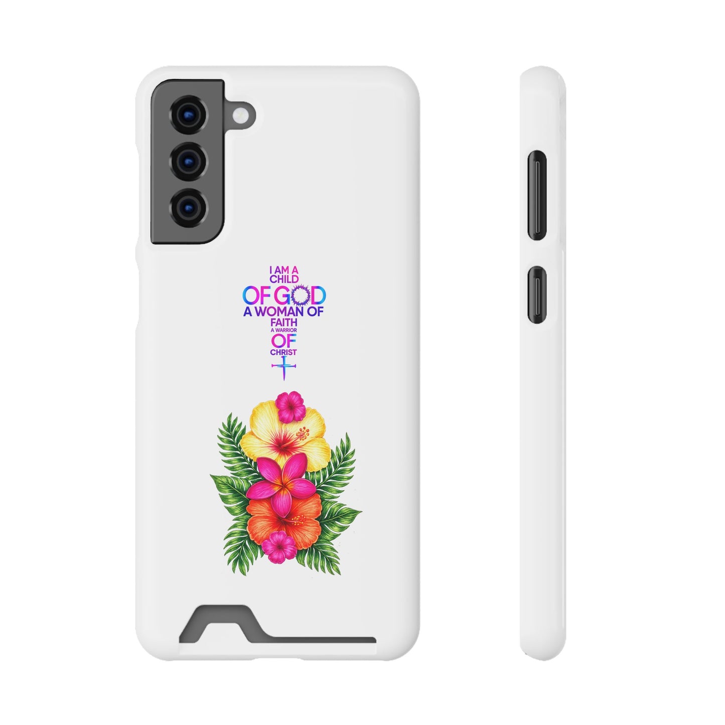 Phone Case with Card Holder — Floral Cross Design: "I Am a Child of God, A Woman of Faith"