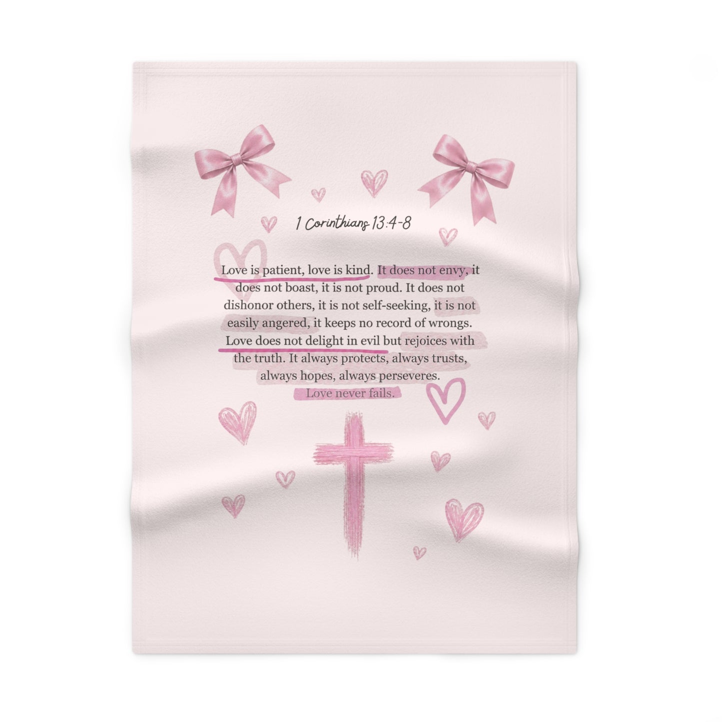 Baby Blanket — Pink ‘1 Corinthians 13:4-8’ Faith Cross with Hearts & Bows