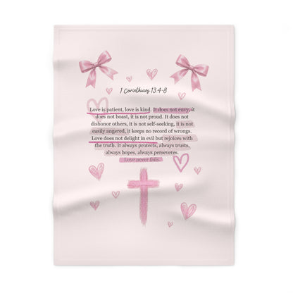 Baby Blanket — Pink ‘1 Corinthians 13:4-8’ Faith Cross with Hearts & Bows