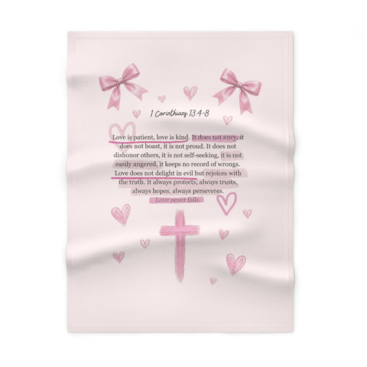 Baby Blanket — Pink ‘1 Corinthians 13:4-8’ Faith Cross with Hearts & Bows