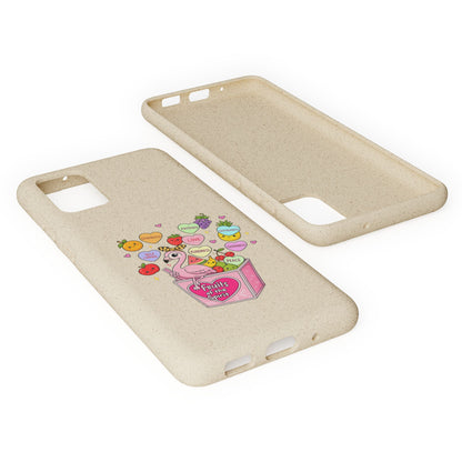 Biodegradable Phone Case — Cute Flamingo & Fruit Hearts "Fruity Love" Eco-Friendly iPhone Cover