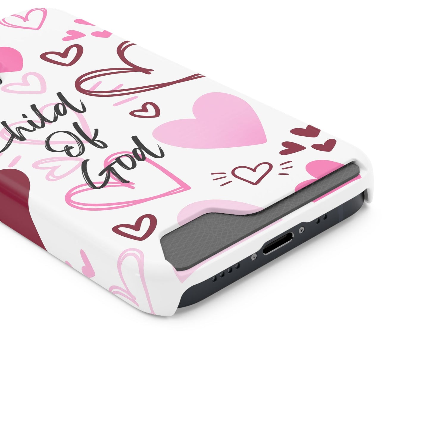 Phone Case — "Child of God" Card Holder Case, Pink Hearts Christian Phone Cover