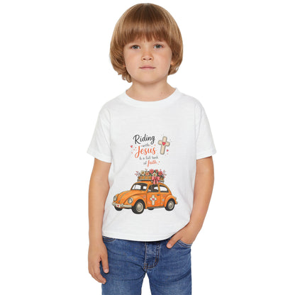 Toddler T-Shirt - "Riding with Jesus" Orange Car Christian Kids Tee