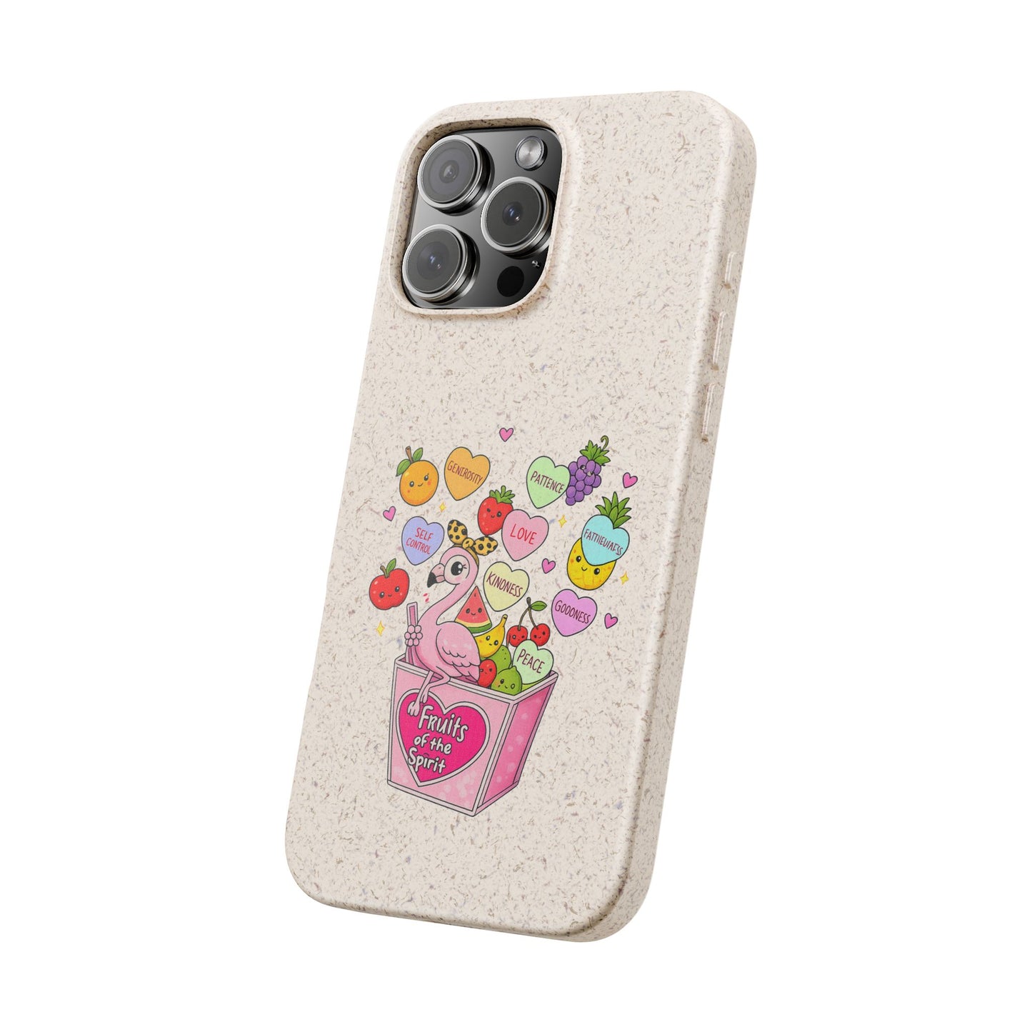 Biodegradable Phone Case — Cute Flamingo & Fruit Hearts "Fruity Love" Eco-Friendly iPhone Cover