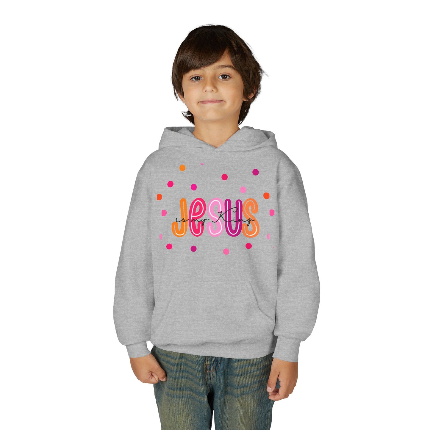 Youth Hoodie — “Jesus” Colorful Polka Dot Christian Pullover