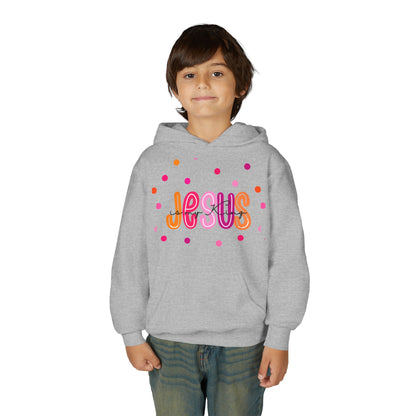 Youth Hoodie — “Jesus” Colorful Polka Dot Christian Pullover