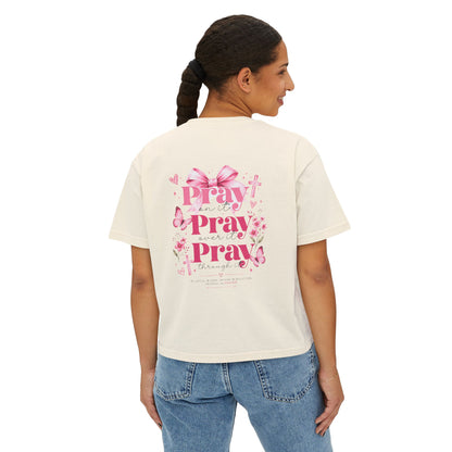 Women's Boxy Tee — Pink Floral Cross "Pray" Christian Graphic Shirt