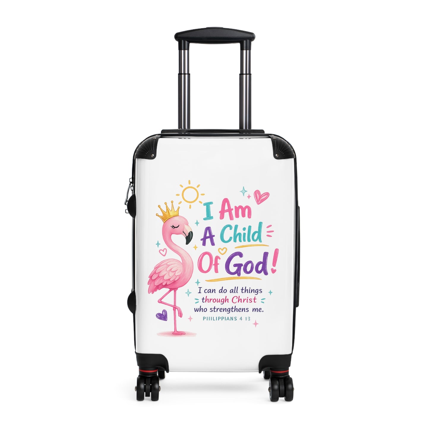 Child of God Kids Suitcase – Pink Flamingo Faith Travel Luggage (Philippians 4:13)