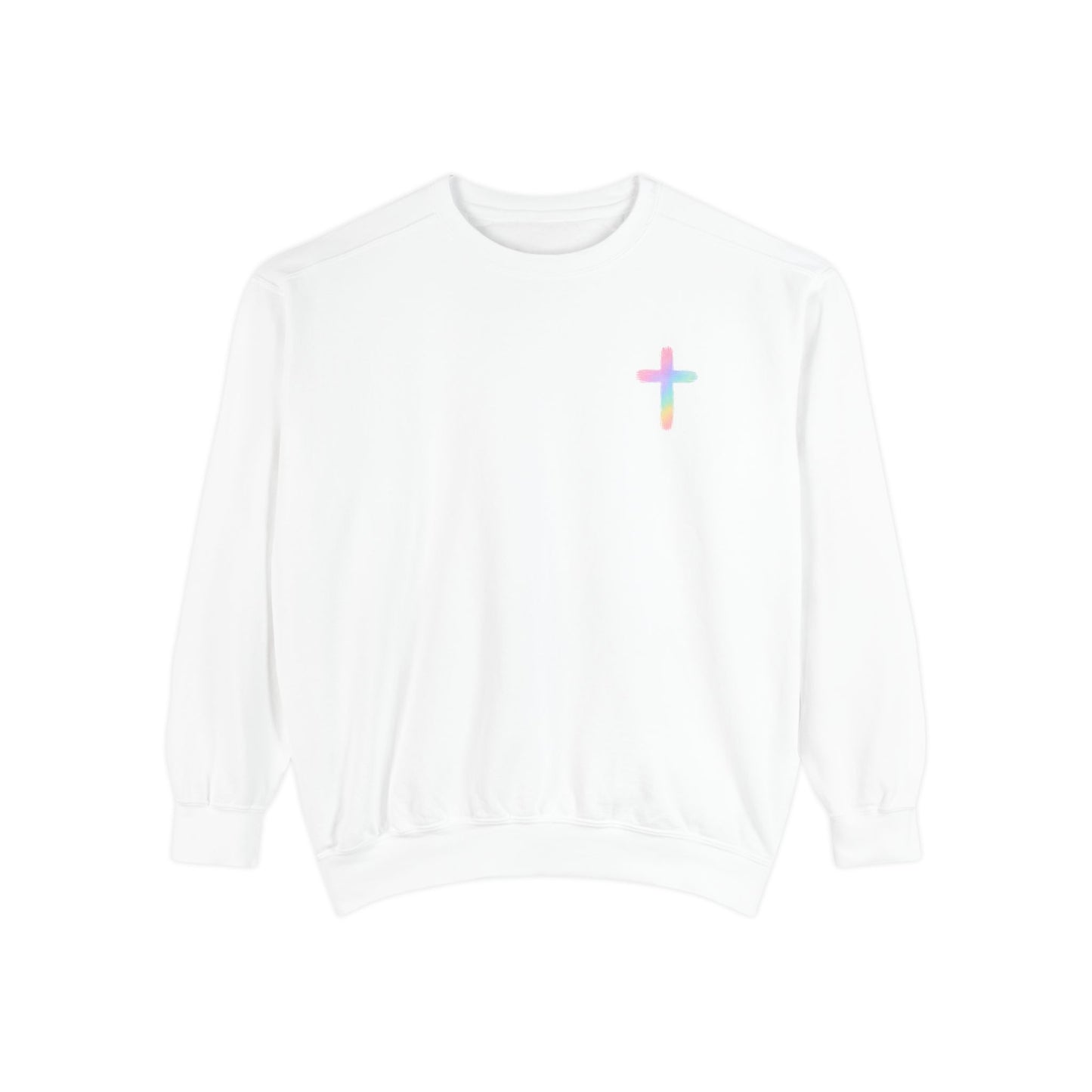 Christian Cross Sweatshirt — Pink Faith Message Garment-Dyed Crewneck