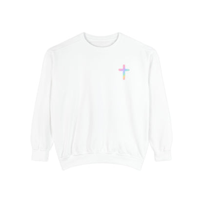 Christian Cross Sweatshirt — Pink Faith Message Garment-Dyed Crewneck