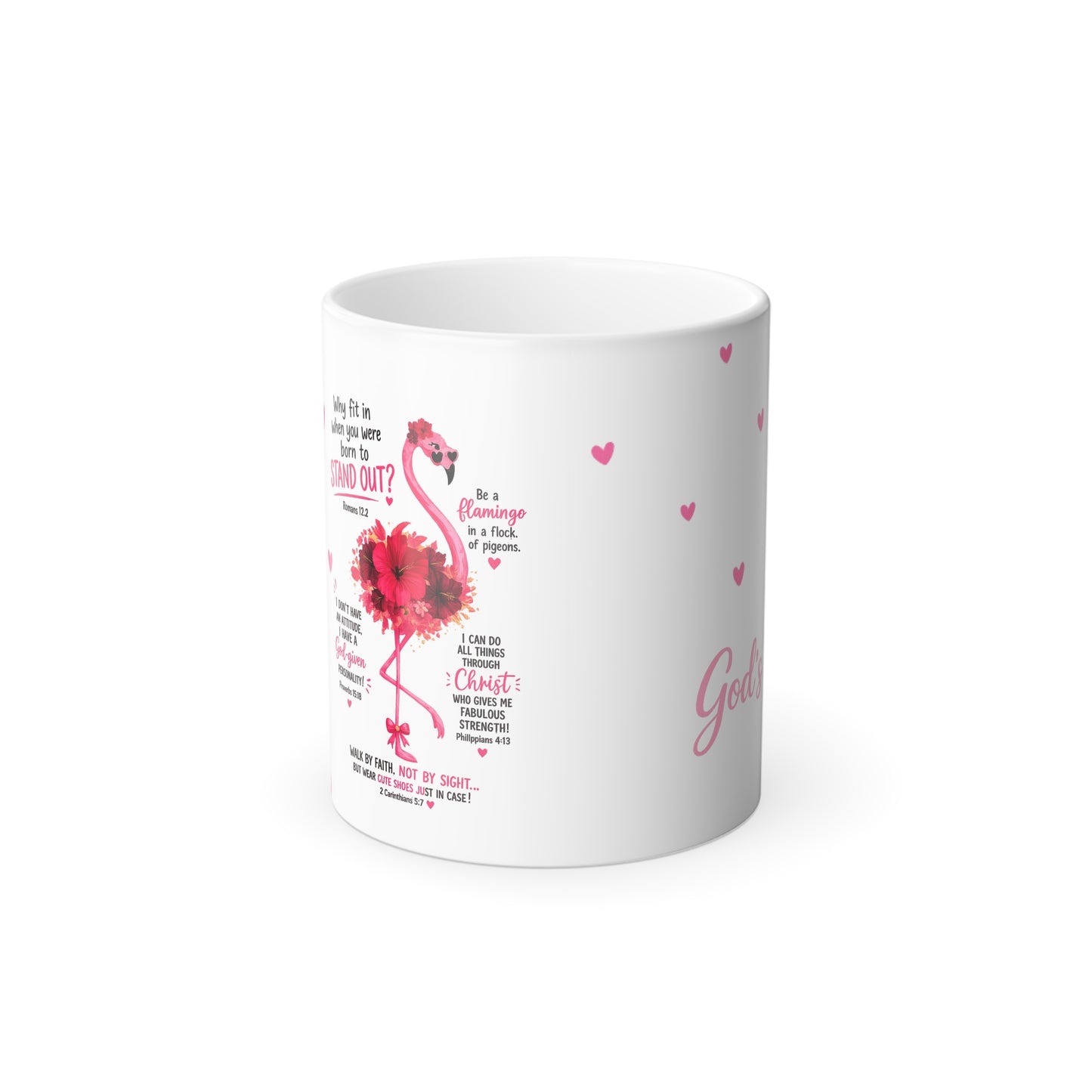 Color-Changing Flamingo Mug — 11oz Heat Reveal Coffee Cup (Pink Hearts)