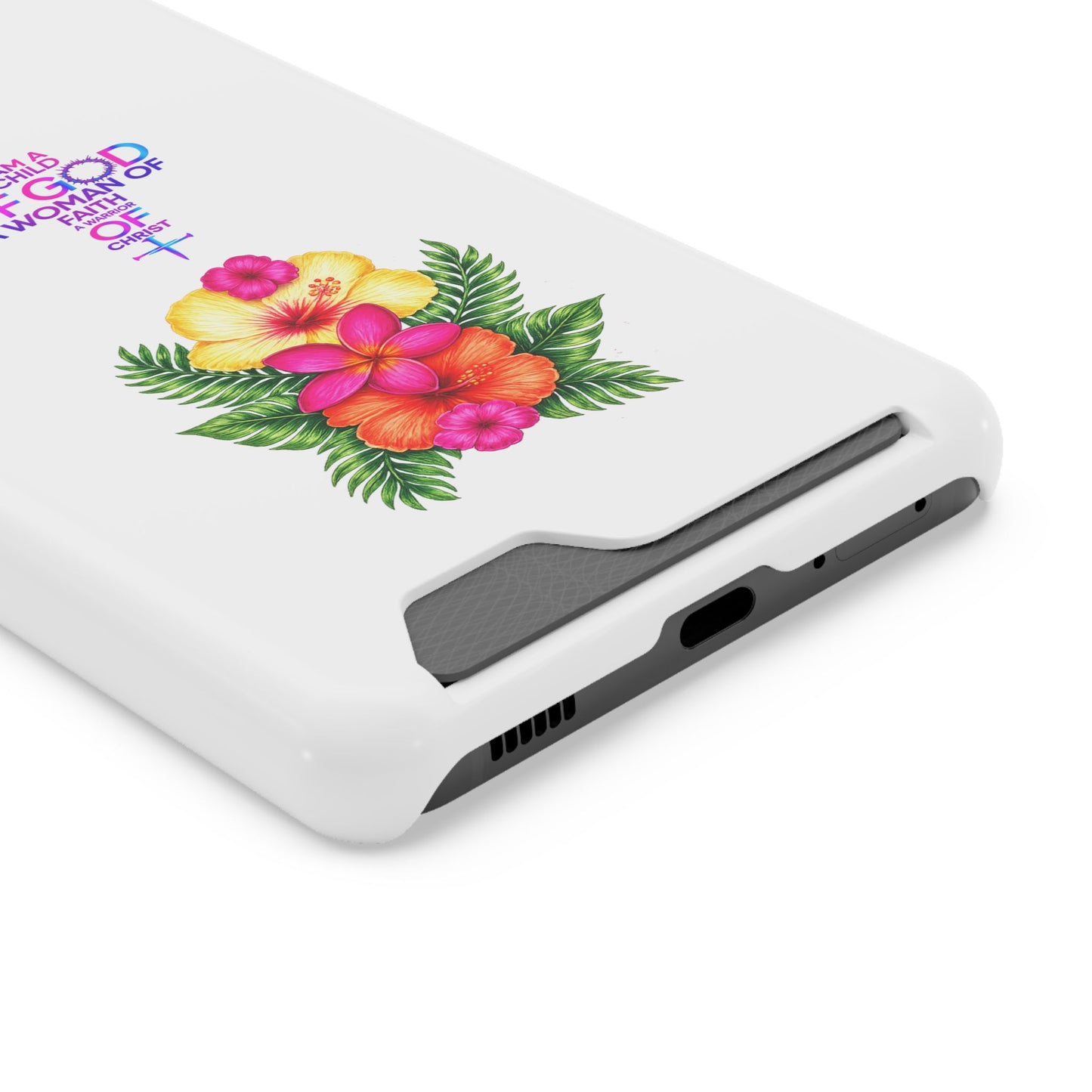 Phone Case with Card Holder — Floral Cross Design: "I Am a Child of God, A Woman of Faith"
