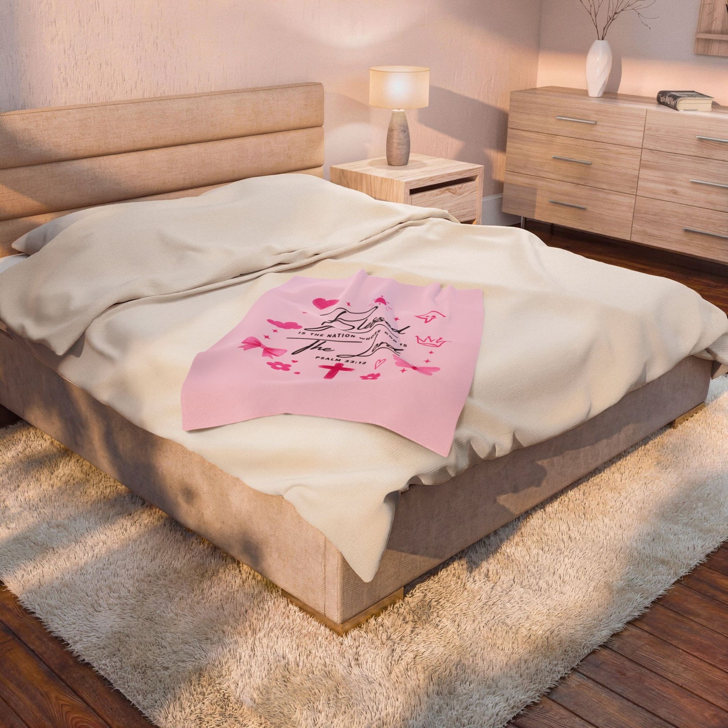 Blessed by the Lord Velveteen Plush Blanket — Pink Christian Scripture Psalm 33:12 Throw
