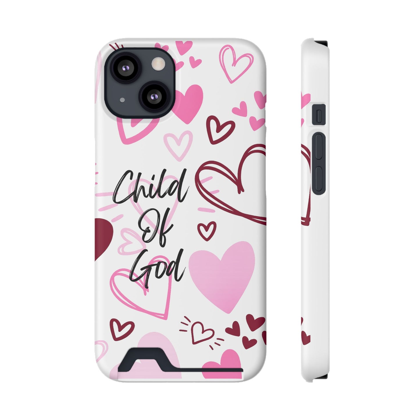 Phone Case — "Child of God" Card Holder Case, Pink Hearts Christian Phone Cover