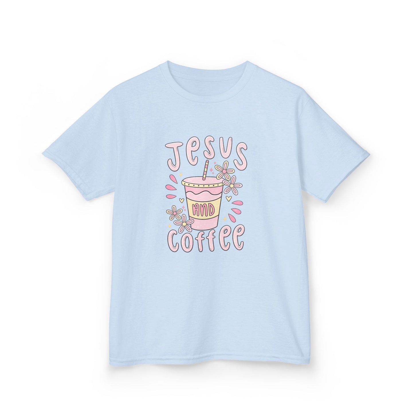 Kids Tee — “Jesus & Coffee” Cute Pastel Faith Graphic