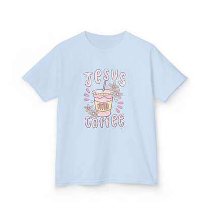 Kids Tee — “Jesus & Coffee” Cute Pastel Faith Graphic